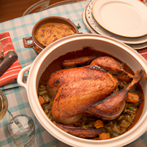 A table set with a Thanksgiving feast, featuring a perfectly cooked Dutch oven turkey as the centerpiece.