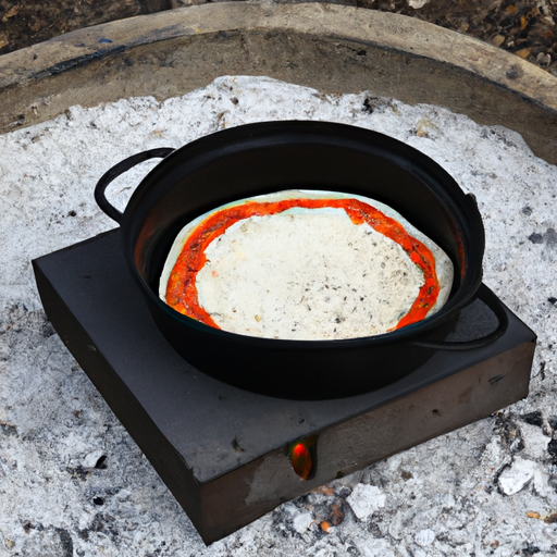 A cast iron dutch oven placed over a campfire, ready to cook a delicious pizza.